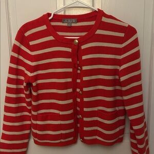 J. Crew Red and Cream Striped Lady Jacket Sweater with Gold Buttons